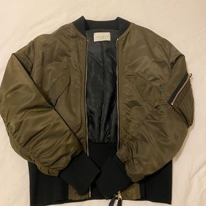 Sandro Paris cinched waist green bomber jacket